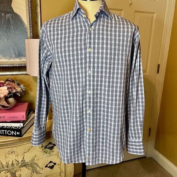 NWOT Men's Thomas Dean Button Front Blue Black White Plaid Shirt Size MEDIUM - Picture 1 of 3
